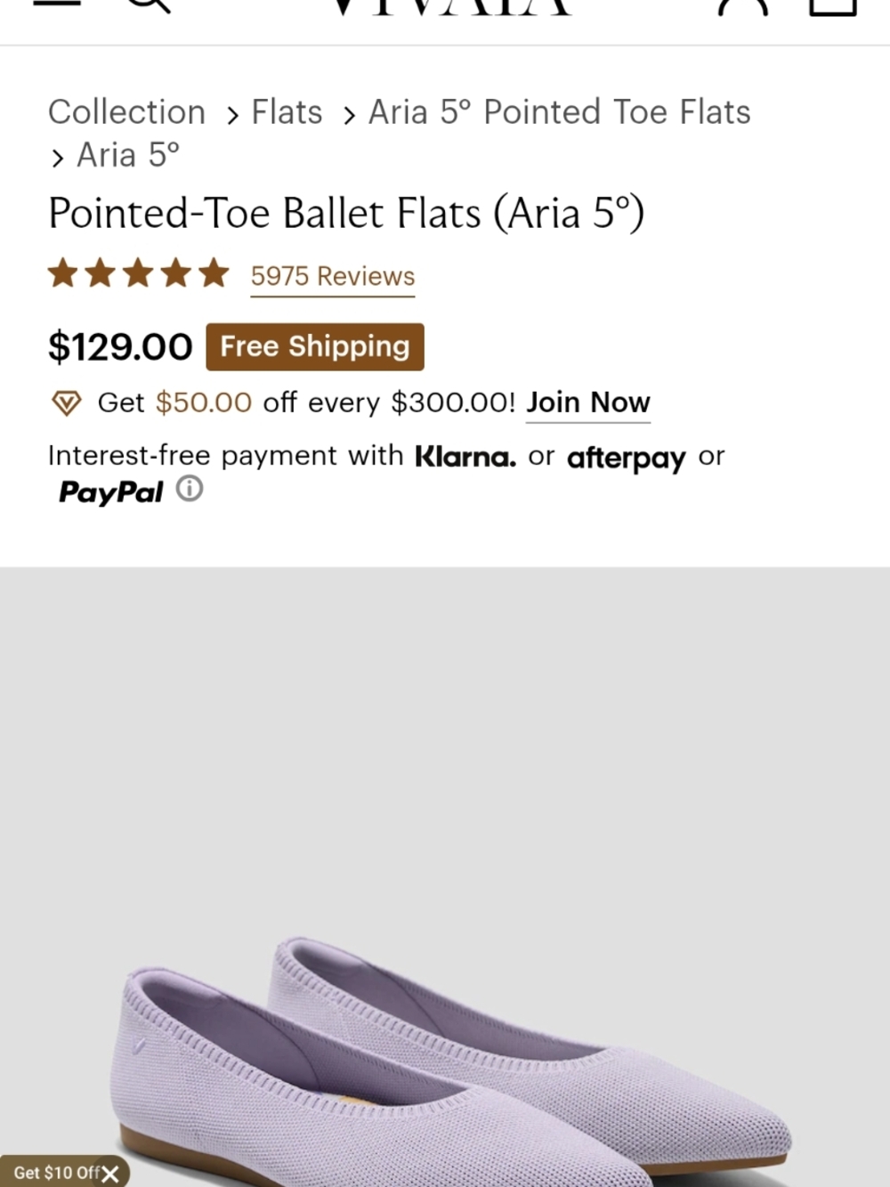 VIVAIA Aria 5° Pointed-Toe Ballet Flats in Lavender